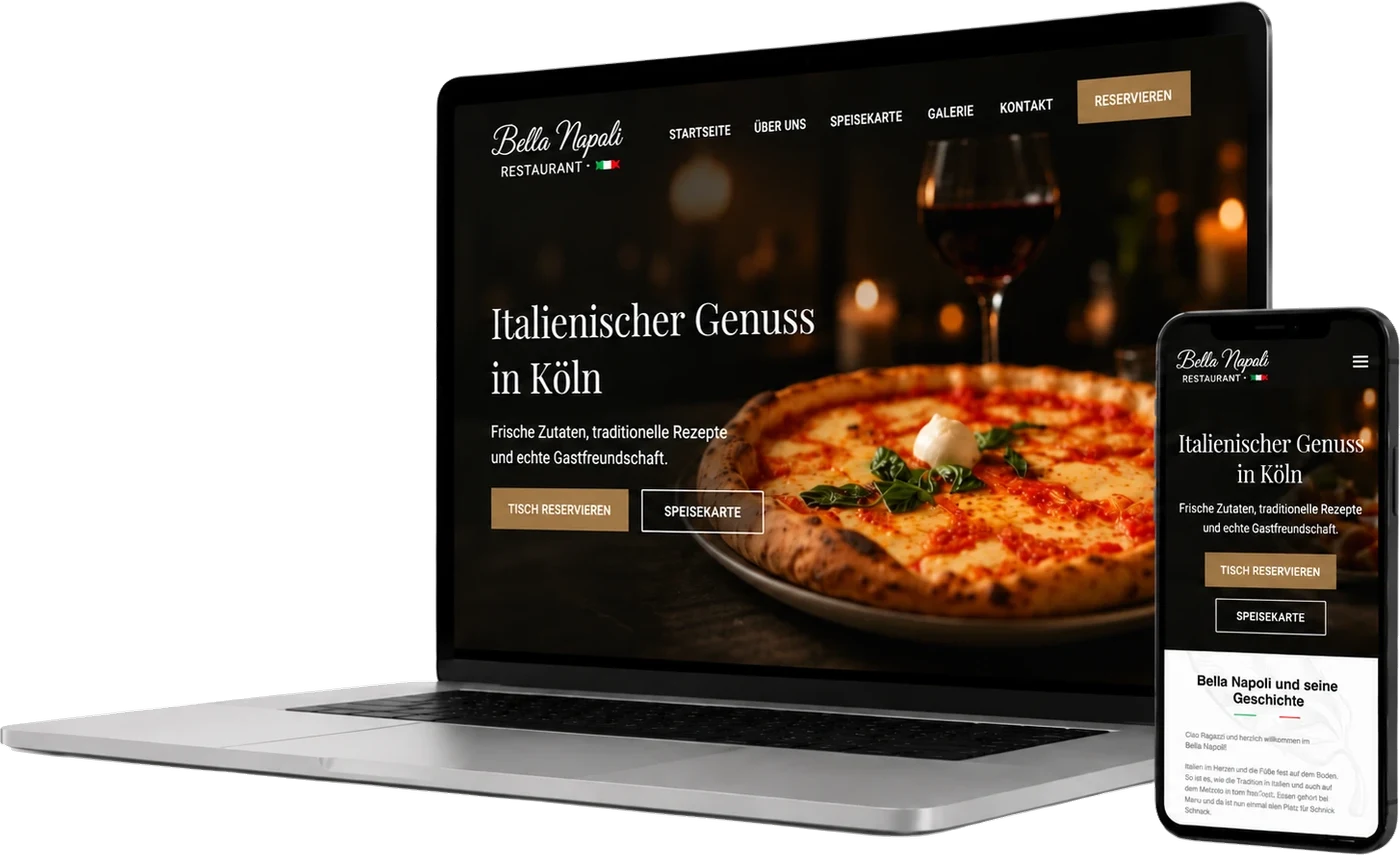 Laptop und Smartphone mit der Website eines Restaurants