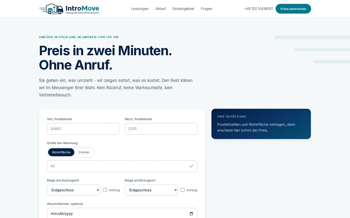 Startseite von IntroMove mit dem Online-Preisrechner