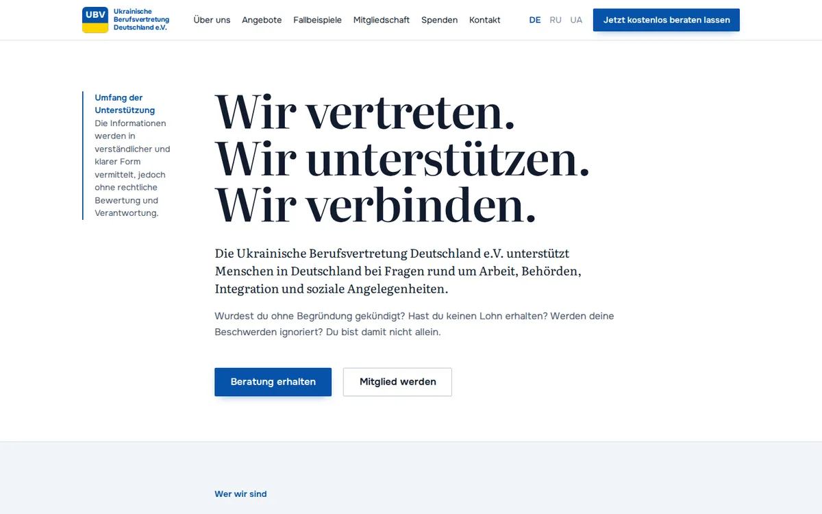 Startseite der Website des UBV Deutschland e.V.